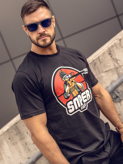 Черна памучна мъжка тениска с принт Bolf 143022A