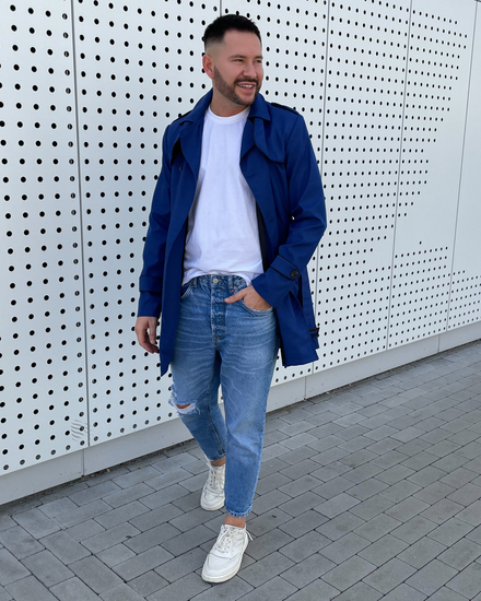 Мъжки светлосин двуреден шлифер с висока яка и колан Bolf 0001