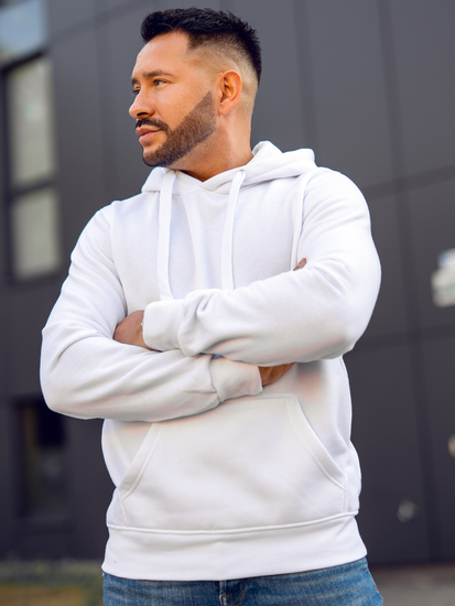 Бял мъжки суитшърт с качулка с джоб тип кенгуру Bolf 2009A