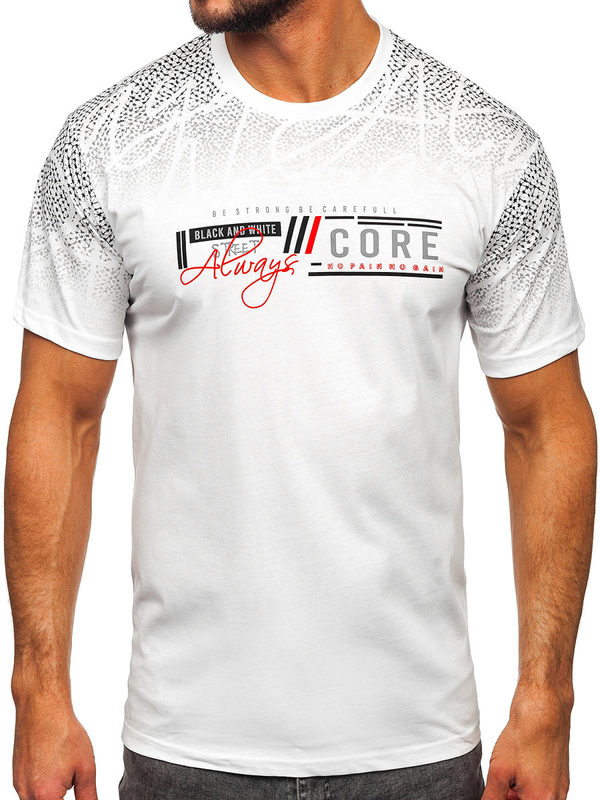 Бяла памучна мъжка тениска с принт Bolf 14710