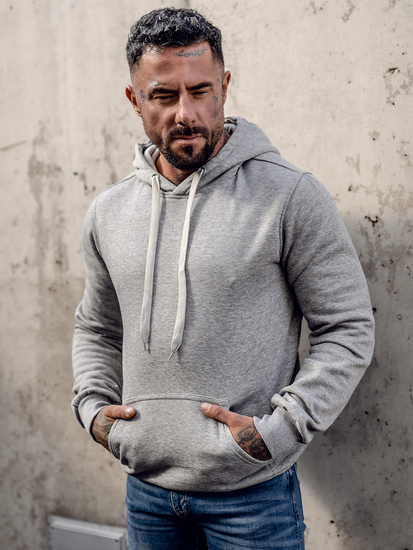 Сив мъжки суитшърт с качулка с джоб тип кенгуру Bolf 2009A