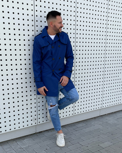 Мъжки светлосин двуреден шлифер с висока яка и колан Bolf 0001