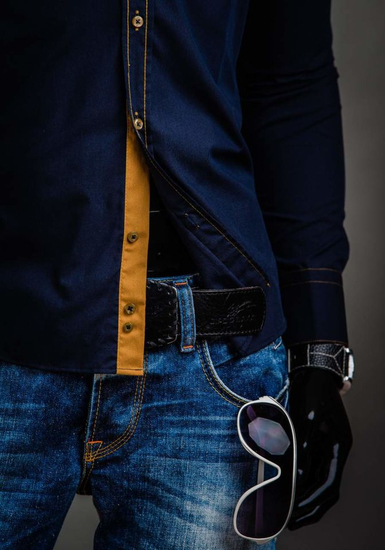 Елегантна мъжка риза с дълъг ръкав, тъмносиня Bolf 3703A