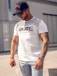 Бяла мъжка памучна тениска с принт Bolf 14720A