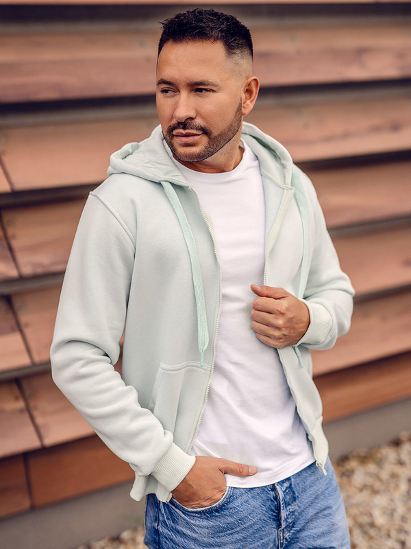 Мъжки плътен суитшърт с цип и качулка в цвят светла мента Bolf 2008A