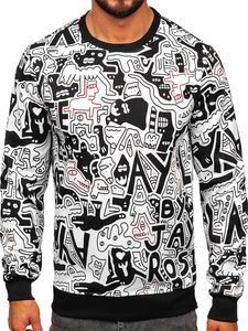 Черно-бял мъжки суитшърт без качулка, с принт Bolf 8B1133