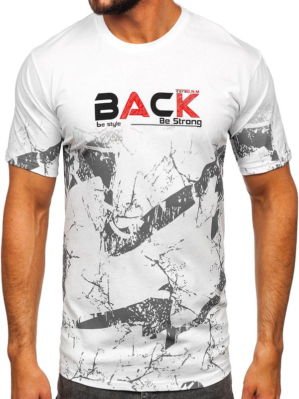 Бяла памучна мъжка тениска с принт Bolf 14766