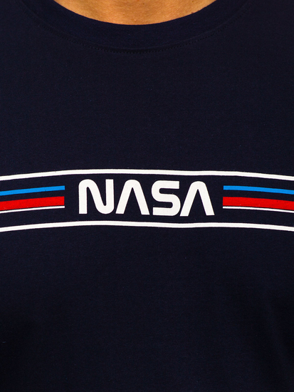 Тъмносиня памучна тениска с щампи за мъже Bolf 5052