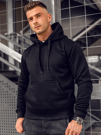 Черен мъжки суитшърт с качулка с джоб тип кенгуру Bolf 2009A