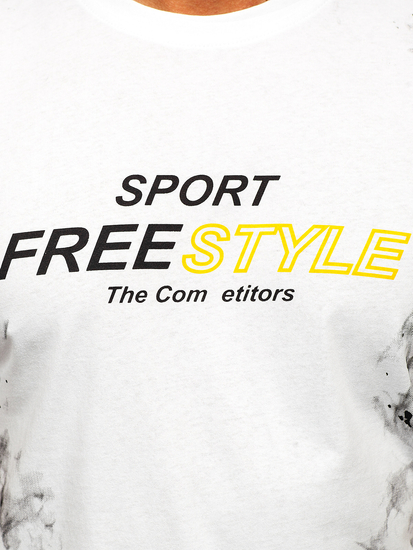 Бяла памучна мъжка тениска с принт Bolf 11003