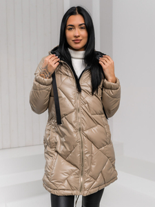 Бежово дълго ватирано яке, дамско зимно палто с качулка Bolf 5M3189