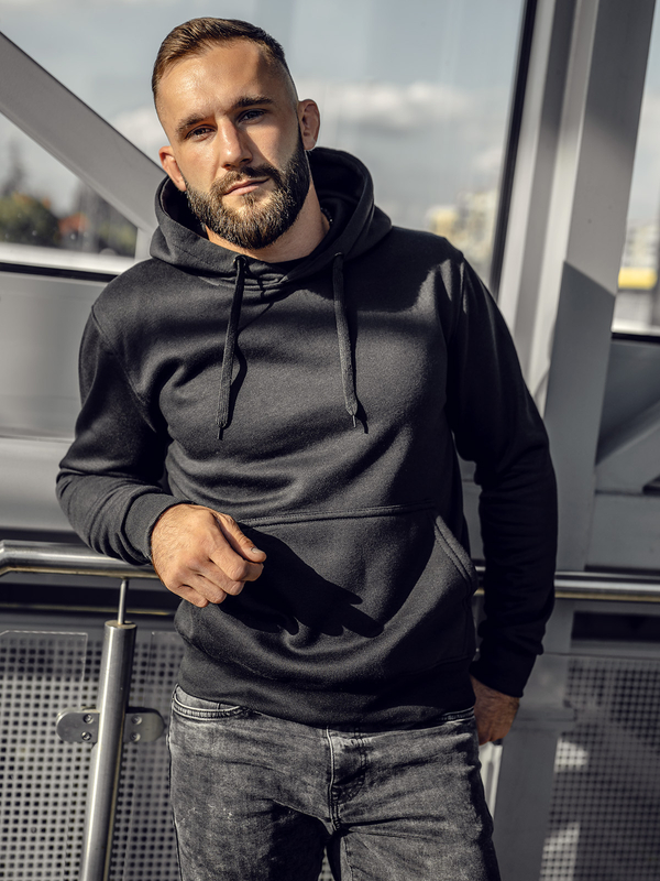 Черен мъжки суитшърт с качулка с джоб тип кенгуру Bolf 2009A4