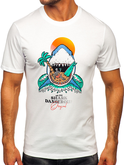 Бяла памучна мъжка тениска с щампа Bolf MPO3460