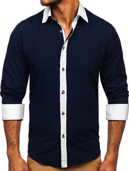 Мъжка елегантна риза с дълъг ръкав тъмносиня Bolf 6882